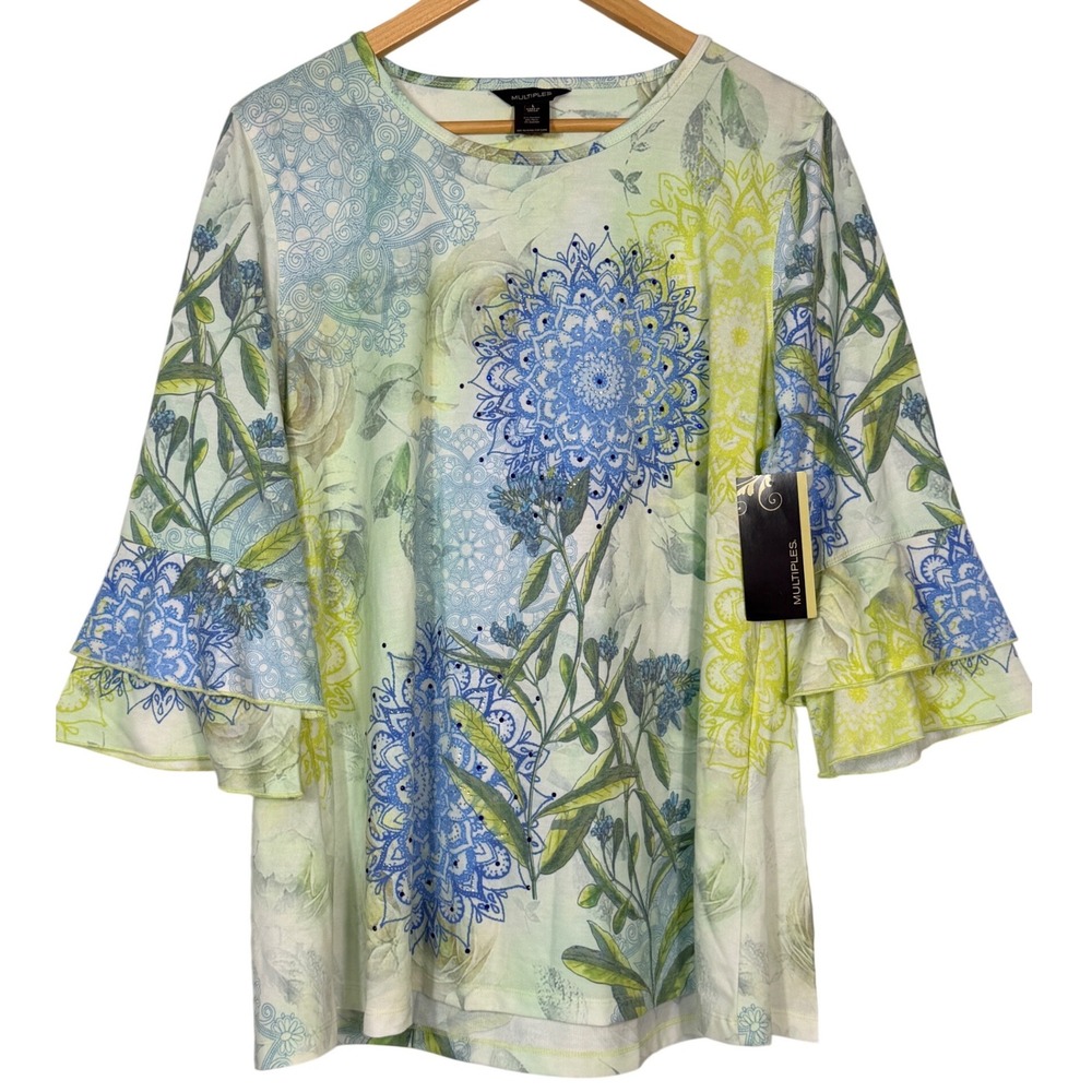 Multiples Womens L Green Blue Mandala Floral Ruffle Sleeve Rhinestone Top NEW